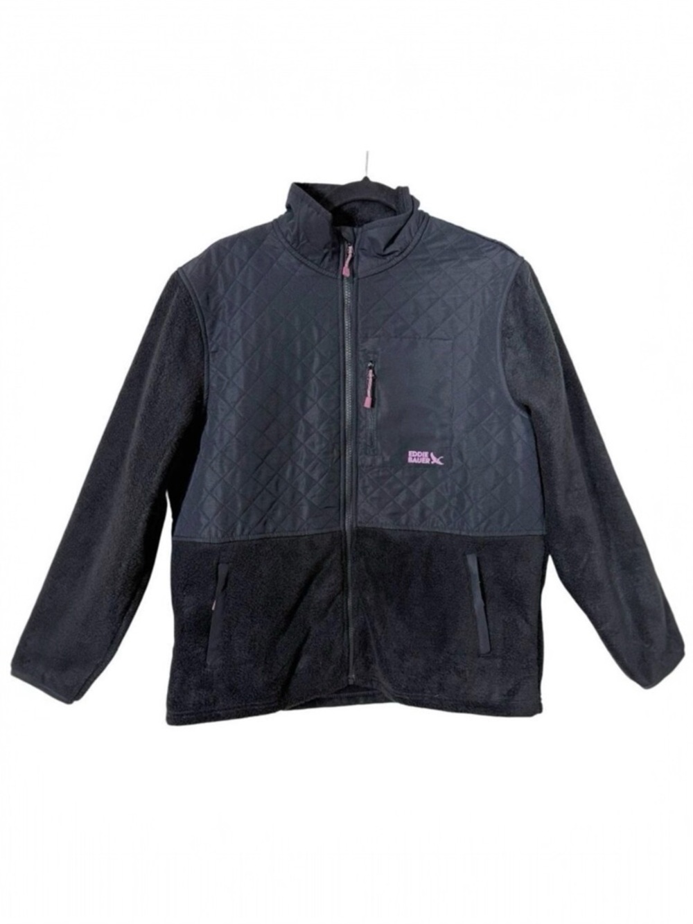 Eddie Bauer Women's Mixed Media Gorpcore Black Quilted Cozy Fleece Jacket Large